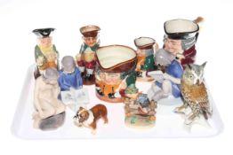 Four Royal Doulton tobys and character jug, three Copenhagen figures, Beswick dog,