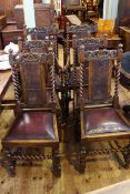 Set of six oak Jacobean style dining chairs with cane panel backs including pair carvers