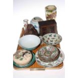 Collection of oriental ceramics, small wood cabinet, carving,