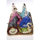 Four Coalport lady figures, dog and swan ornaments,