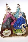 Four Coalport lady figures, dog and swan ornaments,