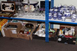 Four boxes of collectables, china, glass, books, pictures, brass standard lamp, compressor,