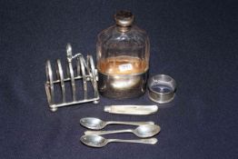 Silver five bar toast rack, silver mounted spirit flask, folding fruit knife,