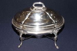 19th Century Sheffield plate entree dish, cover, stand and burner,