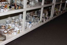 Full shelf of various china, barbola mirror, teawares, crested china,