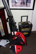 Collection of fishing rods, floats, weights, tackle box, waterproofs,