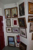 Pair decorated mirrors, framed cigarette cards and twelve framed prints,