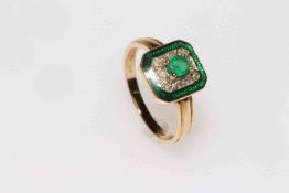 Emerald and diamond Art Deco style ring set in 14 carat gold
