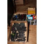 Three boxes of model railway loco's, rolling stock, R900 power control,