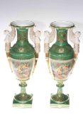 Pair late 19th Century ornate vases, having panels of flower decoration on green ground,