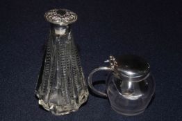 Victorian silver topped and handled glass mustard pot 1857 and silver topped crystal scent bottle