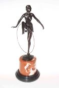 Modern bronze of an Art Deco hoop girl on marble plinth,