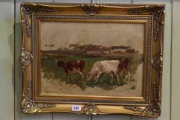 Owen Bowen, Cattle in Meadow, oil on canvas, signed lower left, 26.5cm by 36.