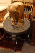 Circular carved Indian elephant table and carved hardwood elephant (2)
