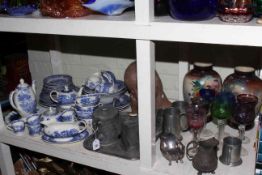 Blue and white teaware, pot bust, Victorian glass vases, pewter,