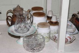 Hornsea storage jars, two Denby teapots, two Coalport and other dishes, glass jugs and bowl,