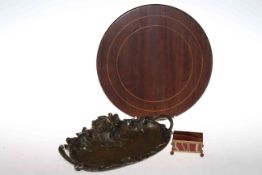 Inlaid cheeseboard by Alan Peters, ornate two handled bronze dish signed A.