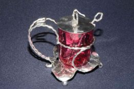 Silver plate and cranberry glass leaf form preserve jar