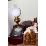 Armand Marseille bisque head doll, amber glass dressing table set, brass oil lamp, wall clock, game,