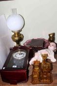 Armand Marseille bisque head doll, amber glass dressing table set, brass oil lamp, wall clock, game,