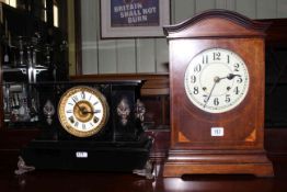 Edwardian inlaid mahogany mantel clock with enamelled dial and Victorian marble mantel clock