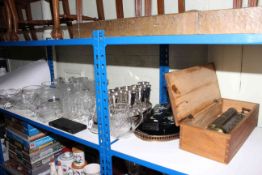 Collection of glassware, silver plated goblets and trays, vintage musical box movement,