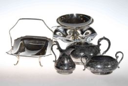 Three silver plated cakestands and three piece silver plated tea set