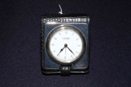 Carrs silver mounted travel alarm clock with box