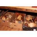 Three boxes of wooden ornaments, bowls, vessels,