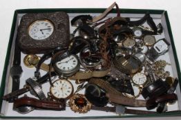 Box with silver travel clock, watches, jewellery,