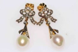 Pair pearl and diamond set earrings