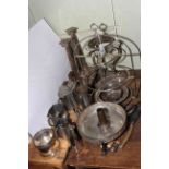 Pewter three piece tea service and vase and collection of silver plate including pair of corinthian