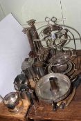 Pewter three piece tea service and vase and collection of silver plate including pair of corinthian