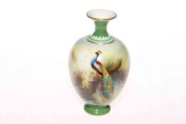 Royal Worcester vase, the ovoid body painted with peacock in misty background, shape no.