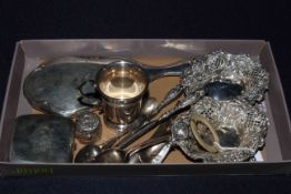 Collection of silver including pair bon bon dishes, infants rattle, christening mug, spoons,