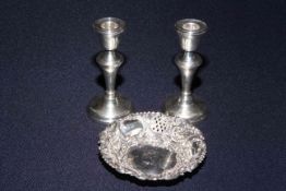 Silver bon bon dish and pair of silver candlesticks
