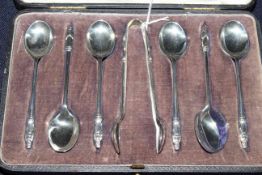 Cased set of Walker and Hall silver apostle teaspoons and tongs,