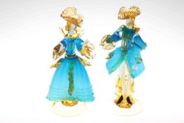 Two Italian glass figures in extravagant blue/gold costume