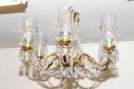 Six branch brass and lustre drop ceiling light and pair of matching two branch wall lights