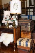 Four table lamps, spirit miniatures, two Victorian boxes,