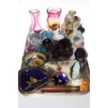 Tray lot with paperweights, vases,