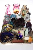 Tray lot with paperweights, vases,