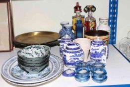 Ringtons and other blue and white china, pair of Oriental figures, cakestand,