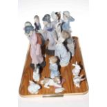 Three Lladro figures of young couple and Oriental girls and collection of mostly Nao figures (12)