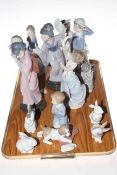 Three Lladro figures of young couple and Oriental girls and collection of mostly Nao figures (12)