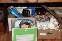Royal Doulton 'Tony Weller' character jug, glass vase, teaware, collectors plate, box of cameras,
