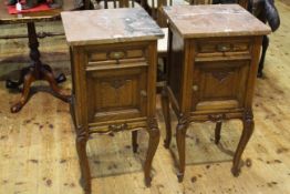 Pair French oak marble topped pot cupboard, 41cm by 84.