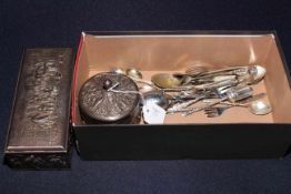 Box with EP and other flatware and two Dutch trinket boxes