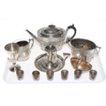 Victorian silver plated tea set, chamber candlestick,