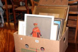 Two boxes of various pictures and bagatelle